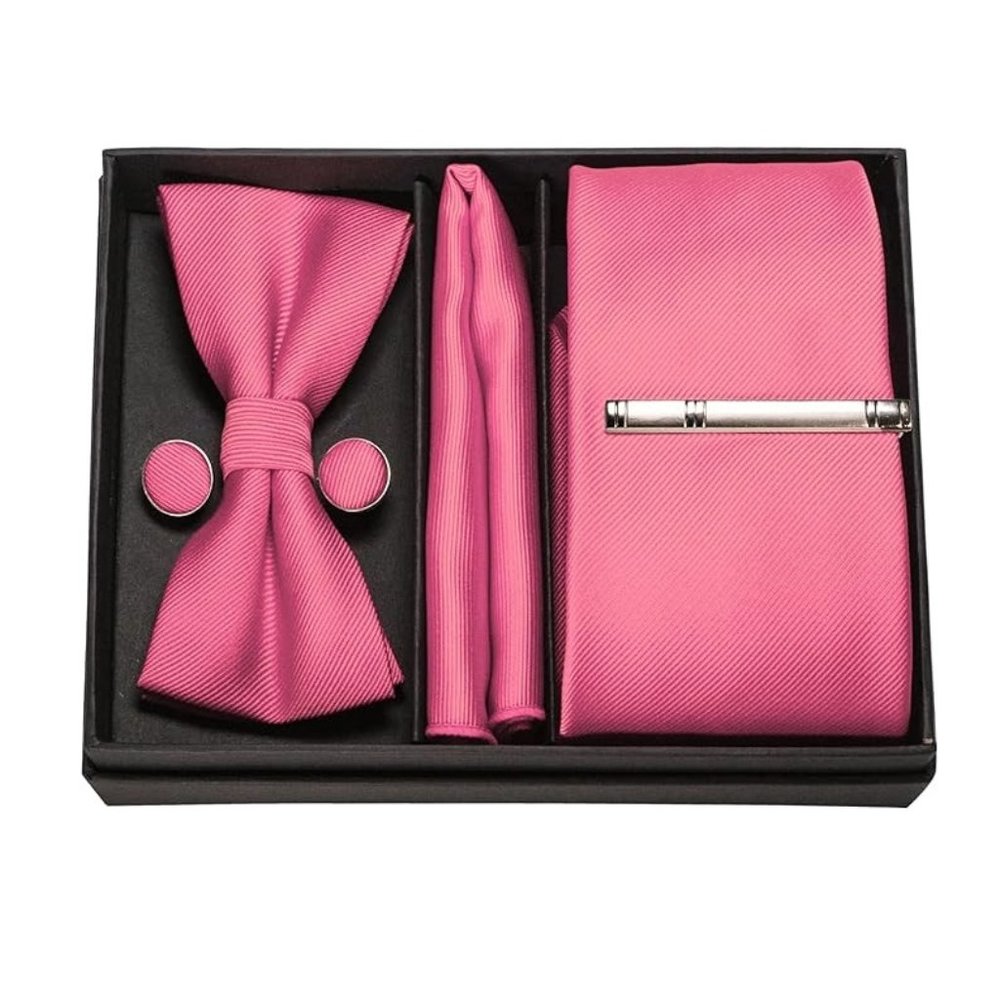 Mens 5 Piece Tie + Bow Tie + Pocket Square + Cufflinks + Clip Satin Pink - Picture 3 of 5